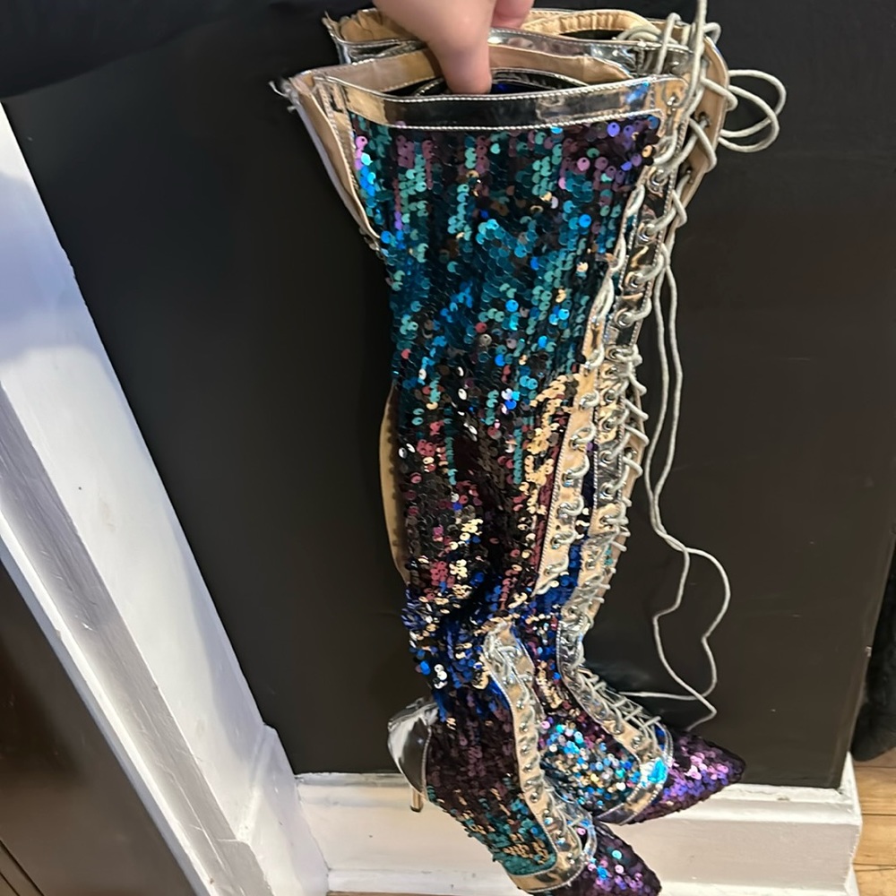 Over the Knee Thigh High Lace Up Stiletto Heel Sequin Boots Pewter